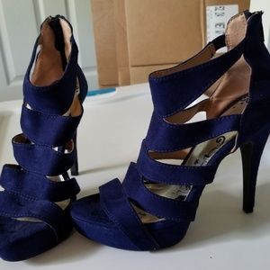Blue strappy peep toe heels